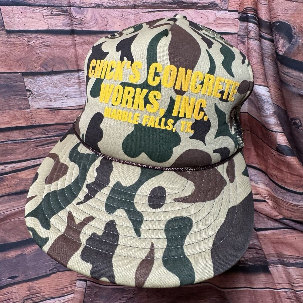 Vintage Chick's Concrete Works Marble Falls Texas Trucker Hat Camo Snapback Cap